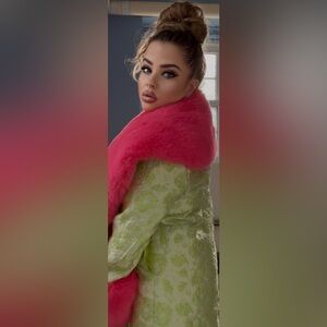 Akira Vibrant Pink fur and Green patterned trench Coat